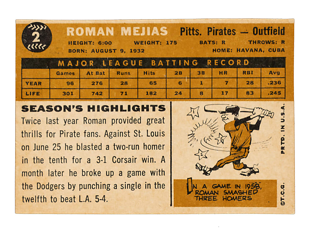 1960 Topps #2 Roman Mejias Unissued Color Variation