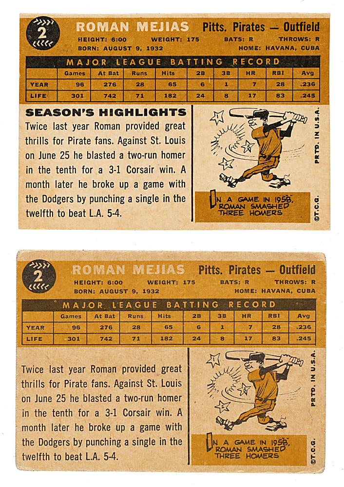 1960 Topps #2 Roman Mejias Unissued Color Variation
