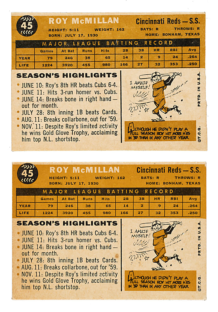 1960 Topps #45 Roy McMillan Unissued Color Variation