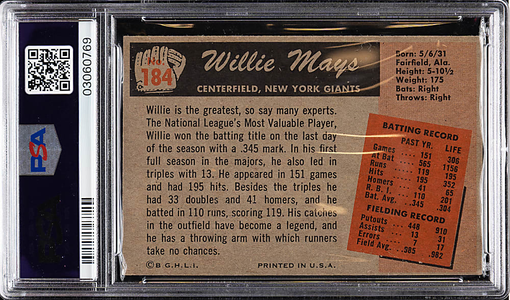 1955 Bowman #184 Willie Mays PSA NM 7