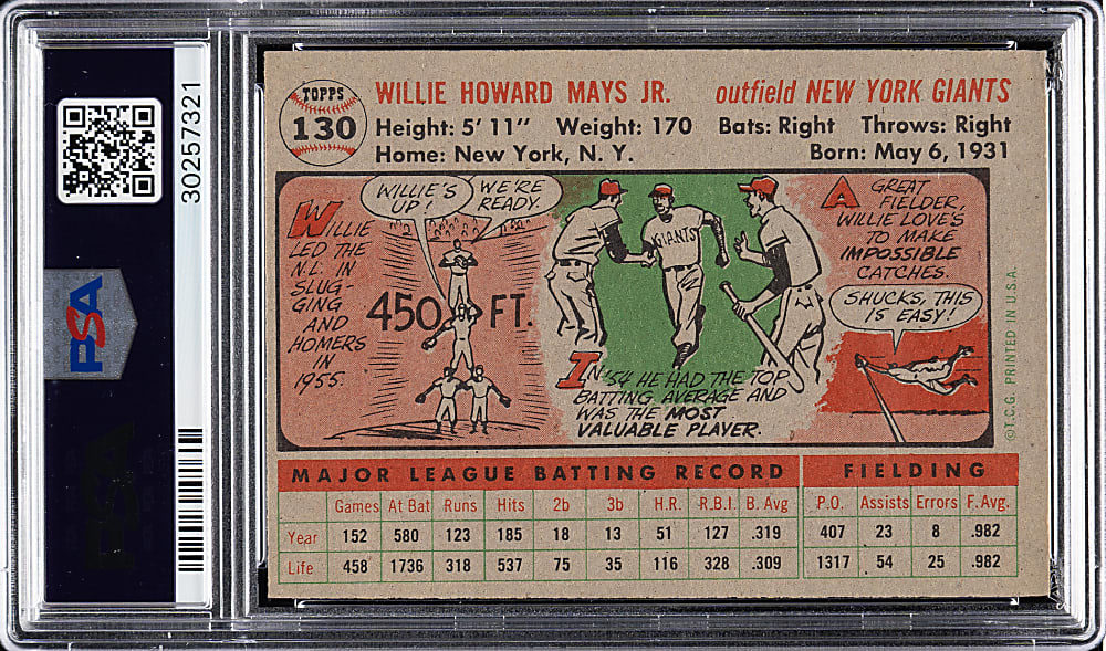 1956 Topps #130 Willie Mays Gray Back PSA NM 7