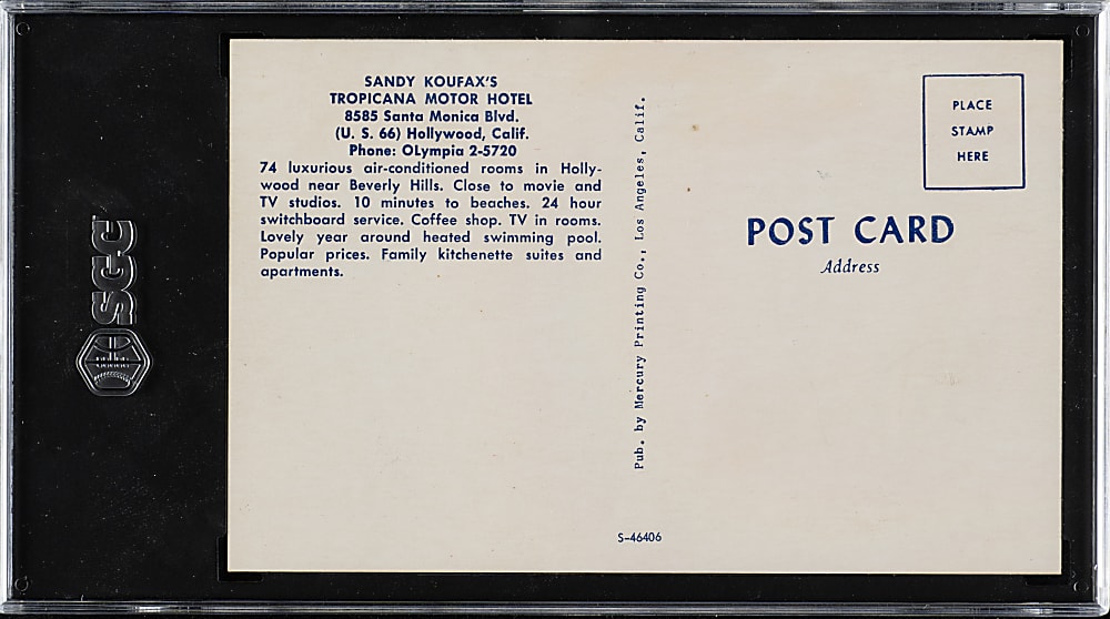 1964 Tropicana Motel Postcard Sandy Koufax in Civilian Clothes - SGC