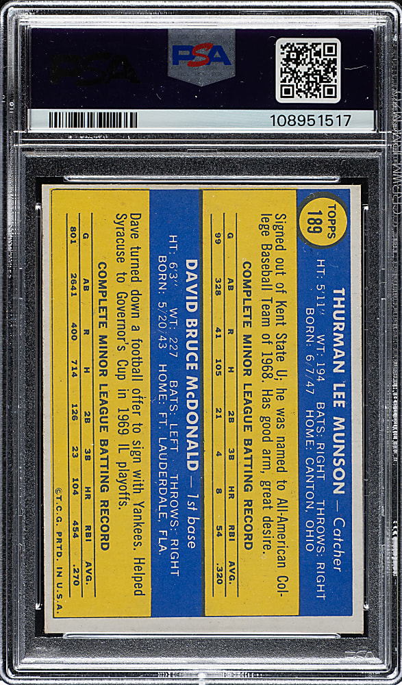 1970 Topps #189 Thurman Munson Rookie PSA NM-MT 8