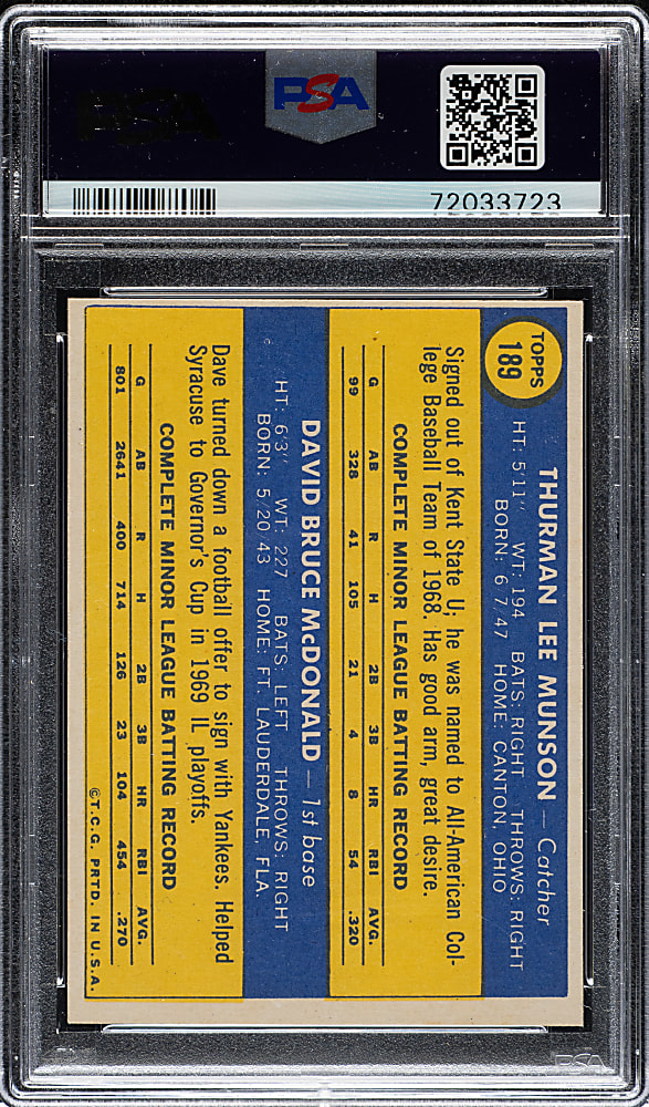 1970 Topps #189 Thurman Munson Rookie PSA MINT 9 (OC)