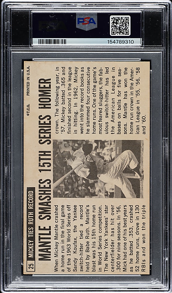 Signed 1964 Topps Giants #25 Mickey Mantle PSA GOOD 2 with MINT 9 Signature