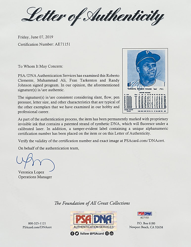 1967 "100% Wrong Club" Sports Awards Multi-Signed Program with Roberto Clemente, Muhammad Ali, and Fran Tarkenton - PSA/DNA