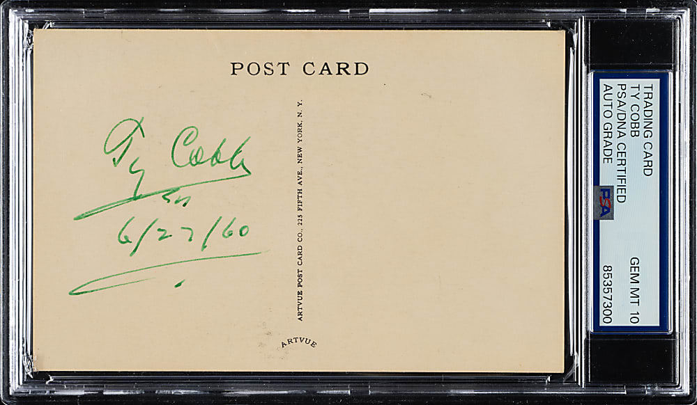 Signed 1953-1955 Artvue (Type 1) Black-and-White Hall of Fame Postcard Ty Cobb PSA/DNA GEM MINT 10