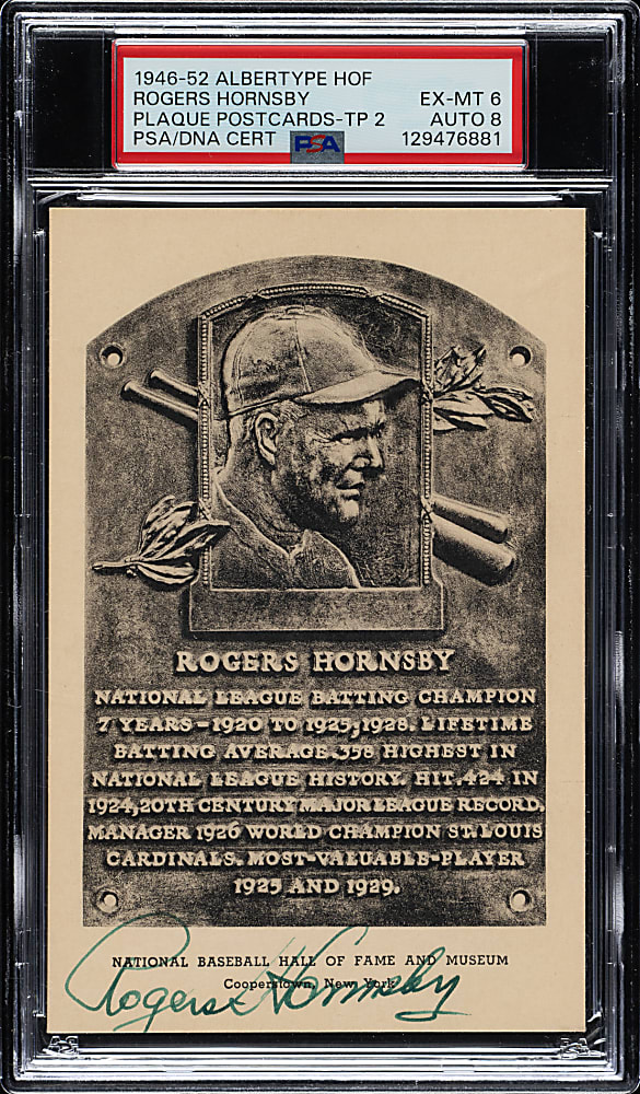 Signed 1946-1952 Albertype (Type 2) Black-and-White Hall of Fame Postcard Rogers Hornsby PSA EX-MT 6 with NM-MT 8 Signature
