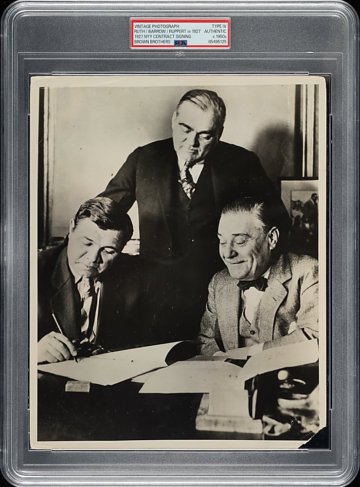 Circa 1950s Babe Ruth, Ed Barrow, and Jacob Ruppert in 1927 Vintage Brown Brothers Photograph PSA/DNA Type IV - Babe Ruth Signs His Contract