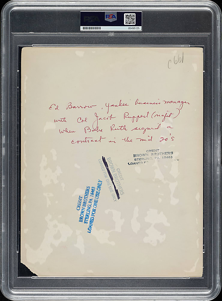 Circa 1950s Babe Ruth, Ed Barrow, and Jacob Ruppert in 1927 Vintage Brown Brothers Photograph PSA/DNA Type IV - Babe Ruth Signs His Contract