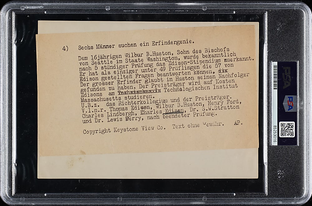 Circa 1930 Thomas Edison, Charles Lindbergh, Henry Ford, and Wilbur Huston Original Keystone View Berlin Photograph PSA/DNA Type I