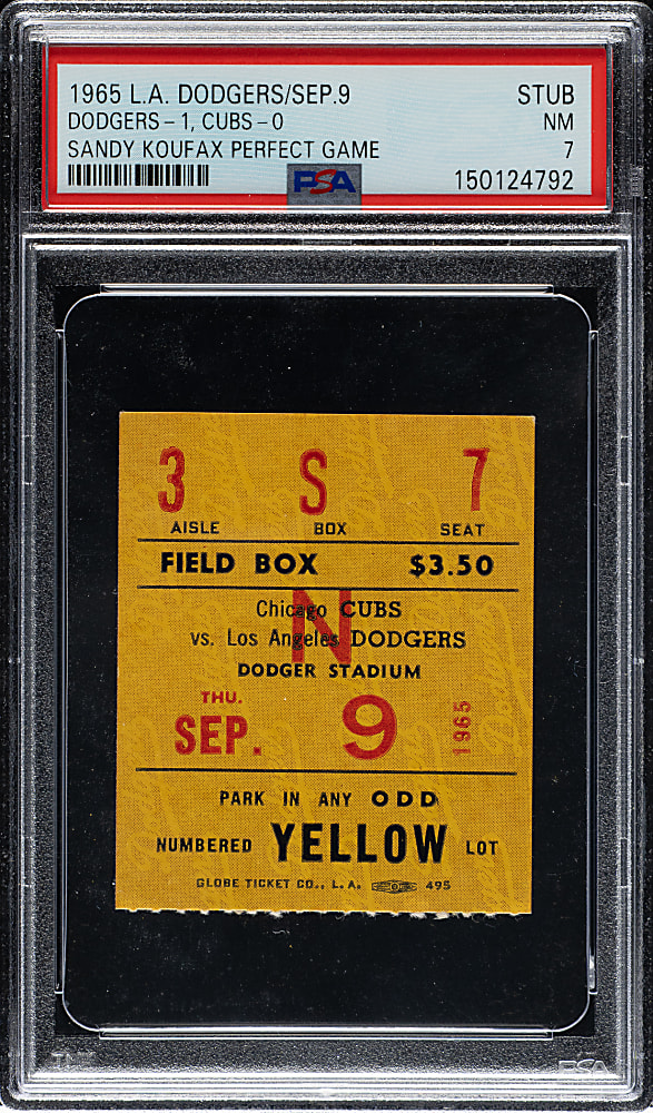 September 9. 1965 Los Angeles Dodgers (vs. Chicago Cubs) Ticket Stub PSA NM 7 - Sandy Koufax Perfect Game
