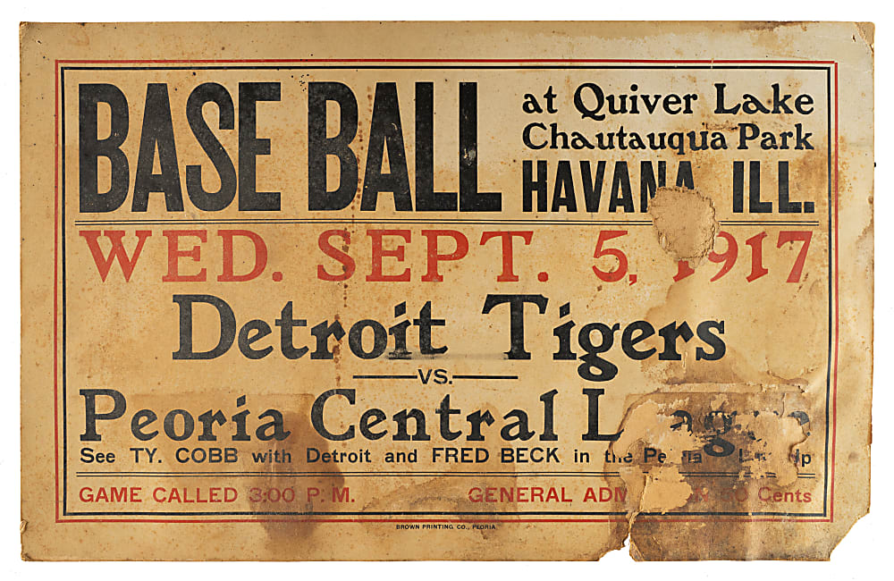 1917 Detroit Tigers vs. Peoria Central League Broadside with Ty Cobb and Fred Beck