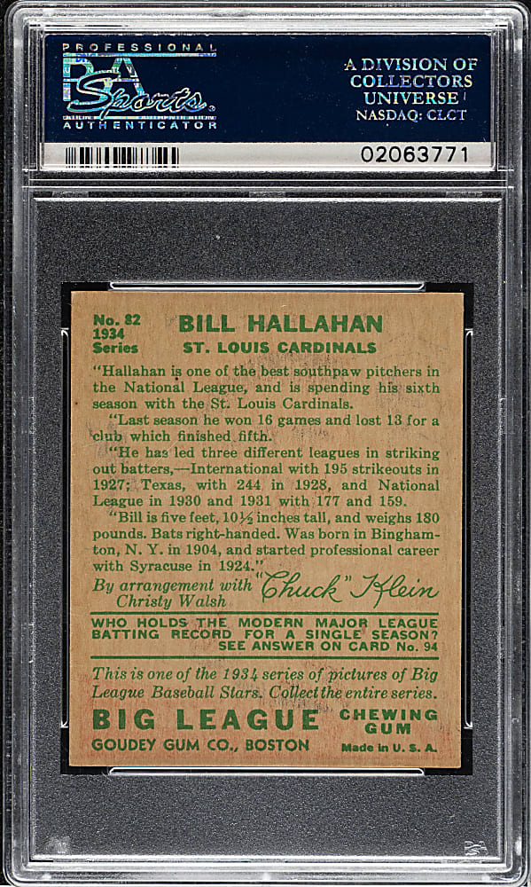 1934 R320 Goudey #82 Bill Hallahan PSA NM-MT 8
