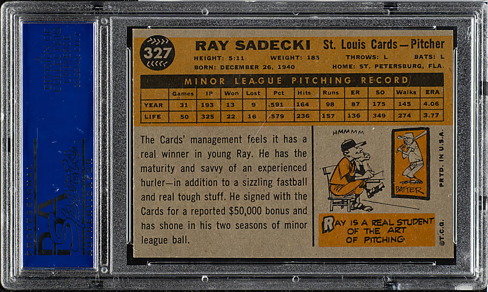 1960 Topps #327 Ray Sadecki PSA MINT 9 - Highest Graded!