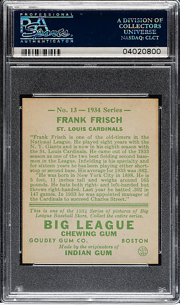 1934 R320 Goudey #13 Frank Frisch PSA NM-MT+ 8.5 - 1 of 2 - Highest Graded!