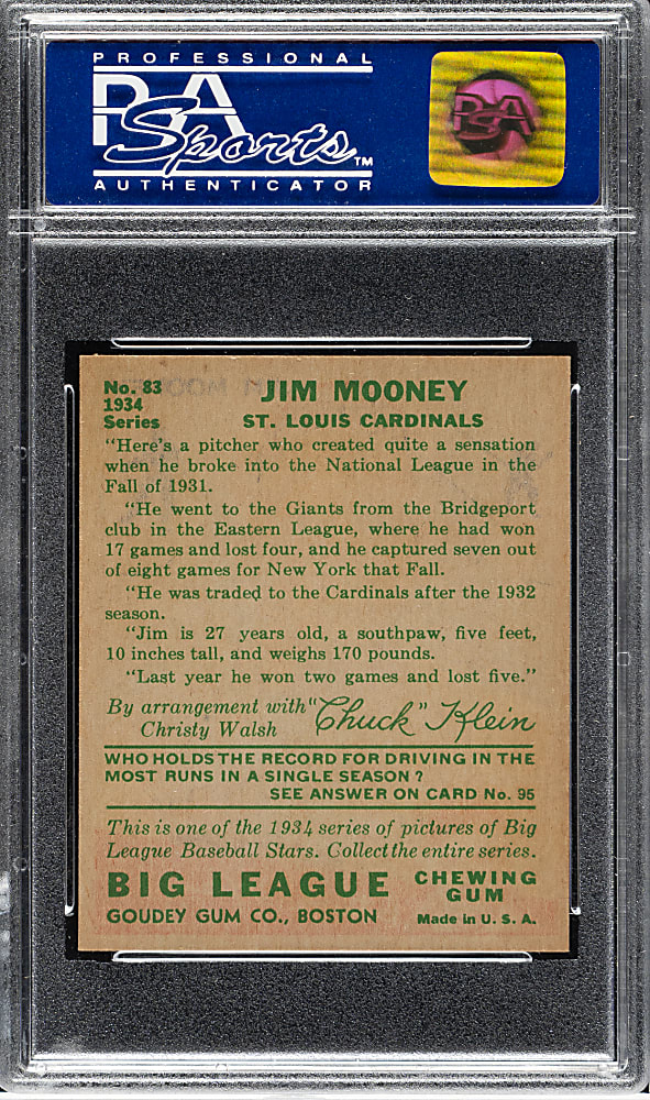 1934 R320 Goudey #83 Jim Mooney PSA NM-MT 8