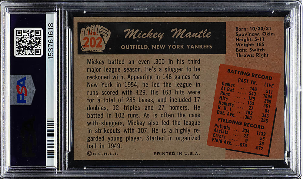 1955 Bowman #202 Mickey Mantle PSA EX-MT 6