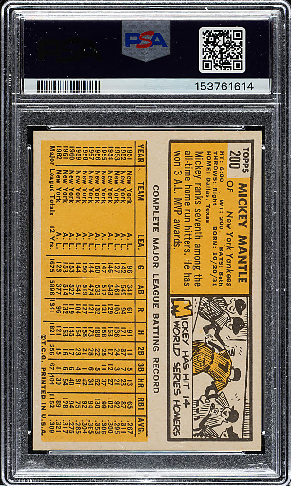 1963 Topps #200 Mickey Mantle PSA EX-MT 6
