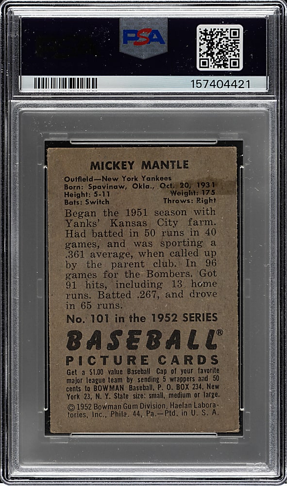 1952 Bowman #101 Mickey Mantle PSA VG 3