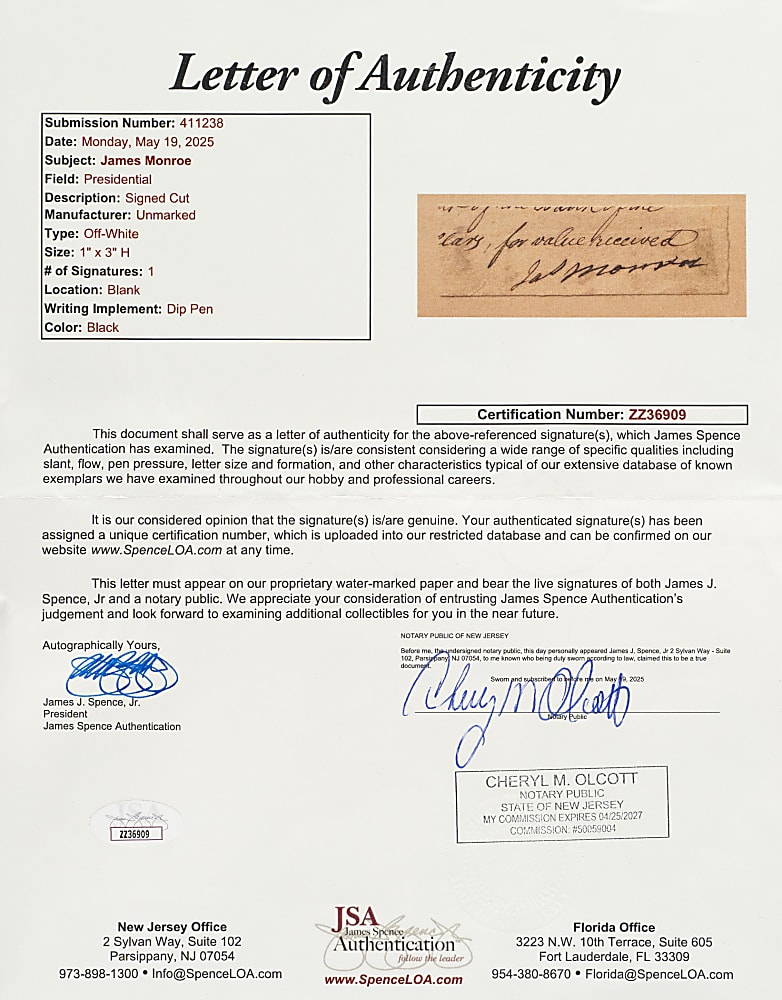 Signed James Monroe Cut Signature - JSA