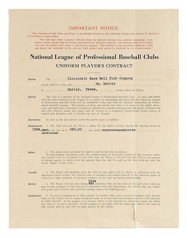 1924 Bill Harris Cincinnati Reds Contract - Signed by August Herrmann - JSA