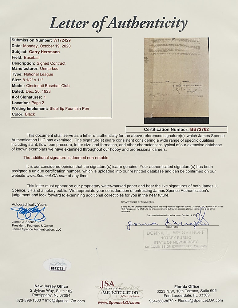 1924 Bill Harris Cincinnati Reds Contract - Signed by August Herrmann - JSA