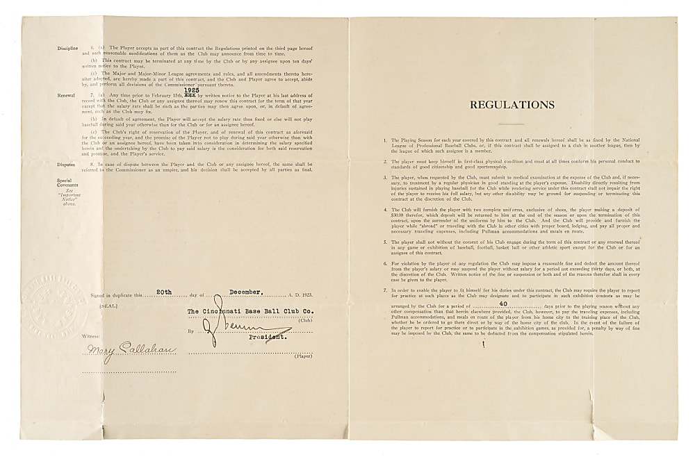 1924 Bill Harris Cincinnati Reds Contract - Signed by August Herrmann - JSA