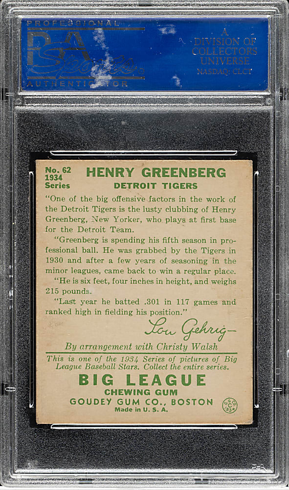 1934 R320 Goudey #62 Hank Greenberg Rookie PSA VG-EX 4