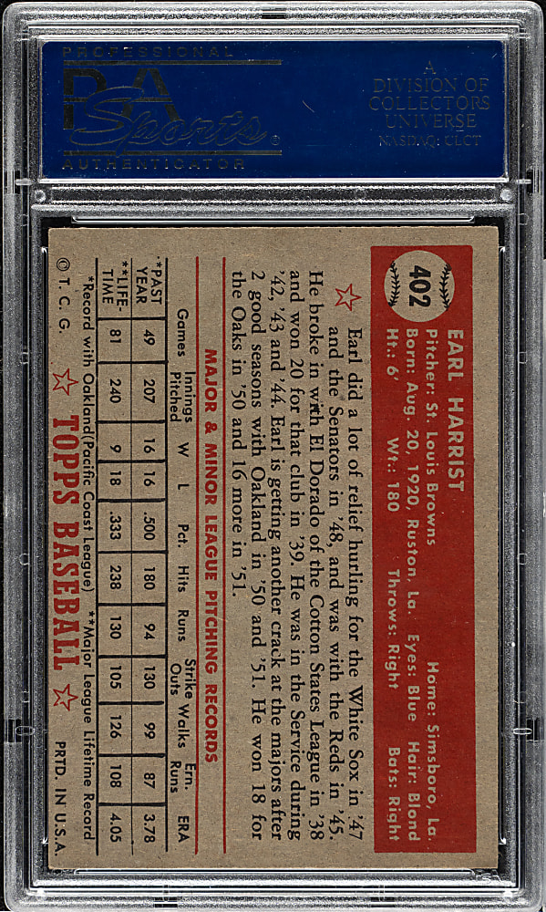 1952 Topps #402 Earl Harrist High Number PSA NM 7