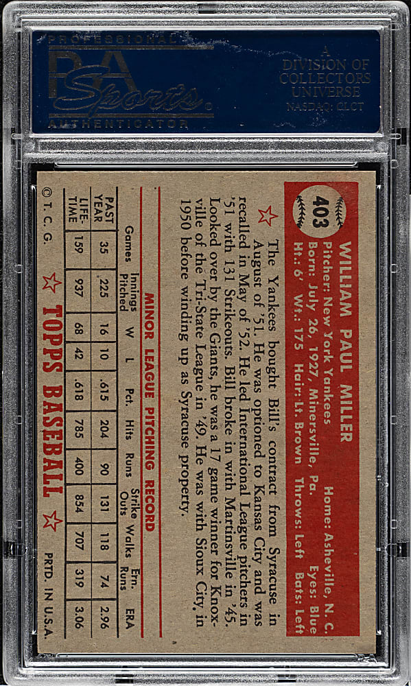 1952 Topps #403 Bill Miller High Number PSA NM 7