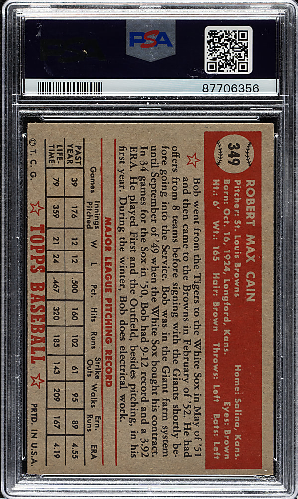 1952 Topps #349 Bob Cain High Number PSA NM+ 7.5