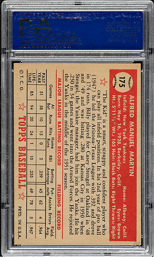 1952 Topps #175 Billy Martin Rookie PSA NM 7