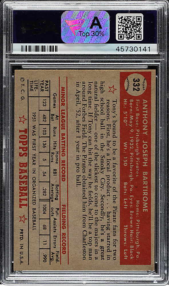 1952 Topps #332 Tony Bartirome High Number PSA NM-MT 8