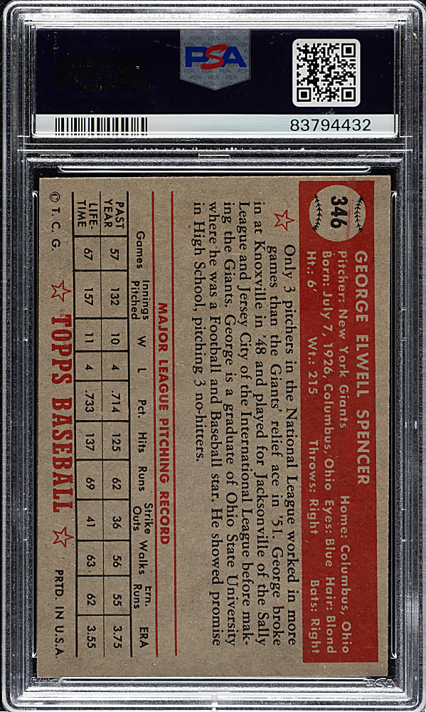 1952 Topps #346 George Spencer High Number PSA NM 7
