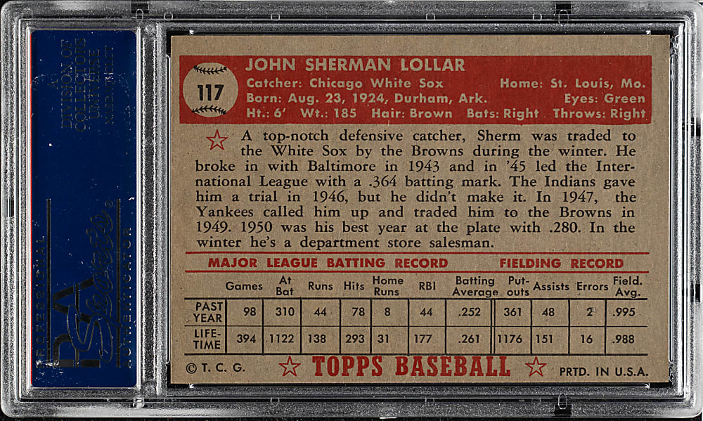 1952 Topps #117 Sherman Lollar PSA NM-MT 8
