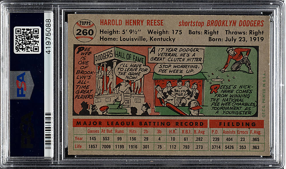 1956 Topps #260 Pee Wee Reese PSA MINT 9 - Highest Graded!