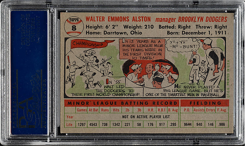 1956 Topps #8 Walter Alston Gray Back PSA MINT 9