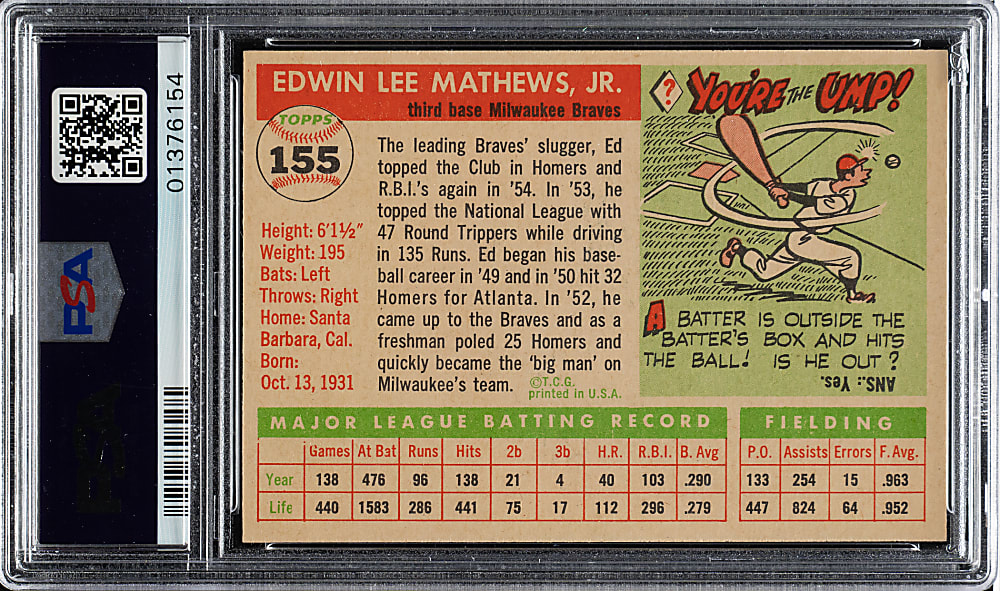 1955 Topps #155 Ed Mathews PSA MINT 9 - Highest Graded!