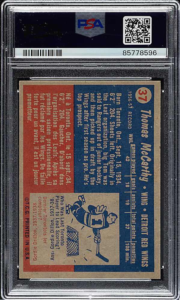 1957-1958 Topps Hockey #37 Tom McCarthy PSA MINT 9 - 1 of 4 - Highest Graded!