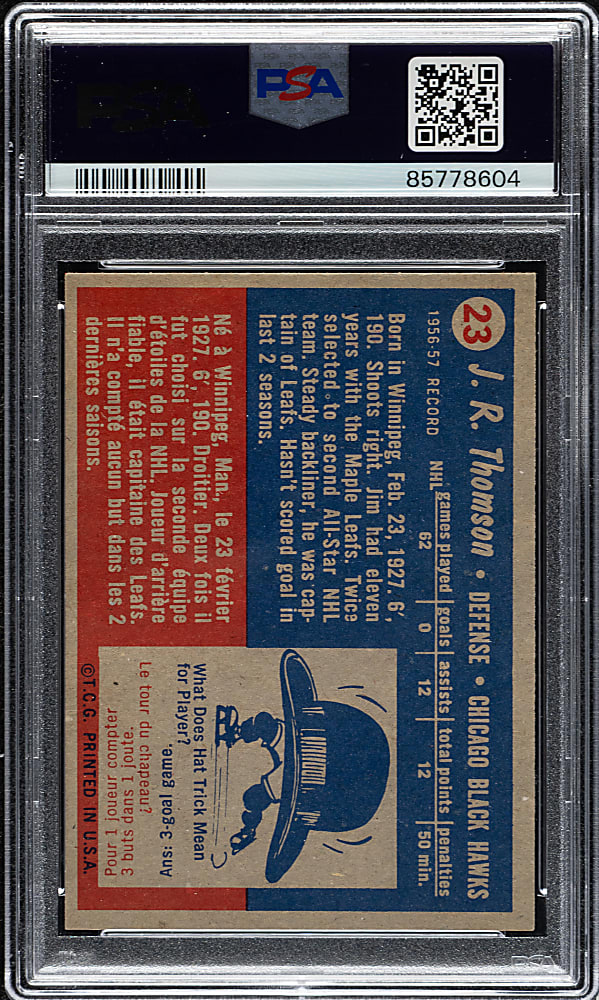 1957-1958 Topps Hockey #23 Jim Thomson PSA MINT 9 - 1 of 3 - Highest Graded!