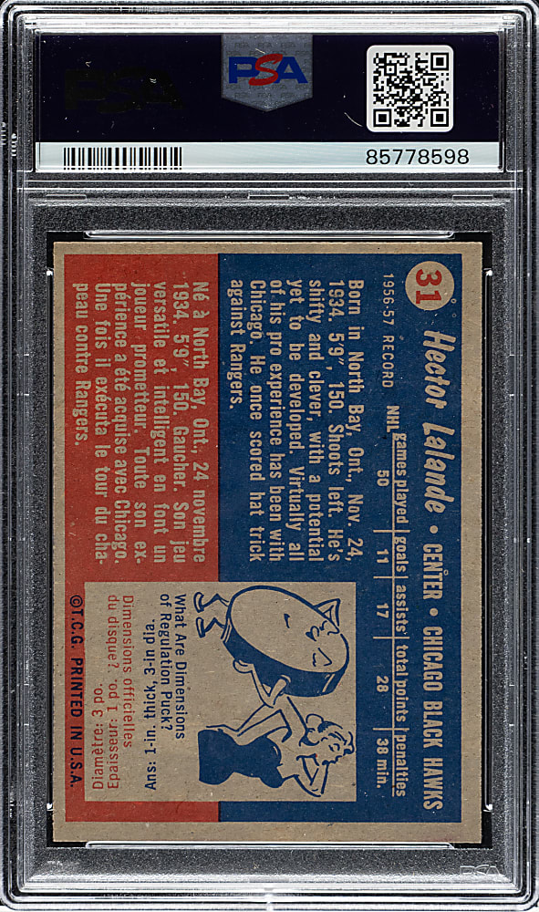 1957-1958 Topps Hockey #31 Hec Lalande PSA MINT 9 - 1 of 1 - Highest Graded!
