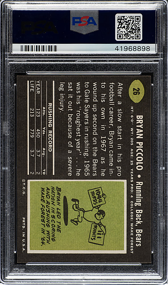 1969 Topps Football #26 Brian Piccolo Rookie PSA MINT 9 - Highest Graded!