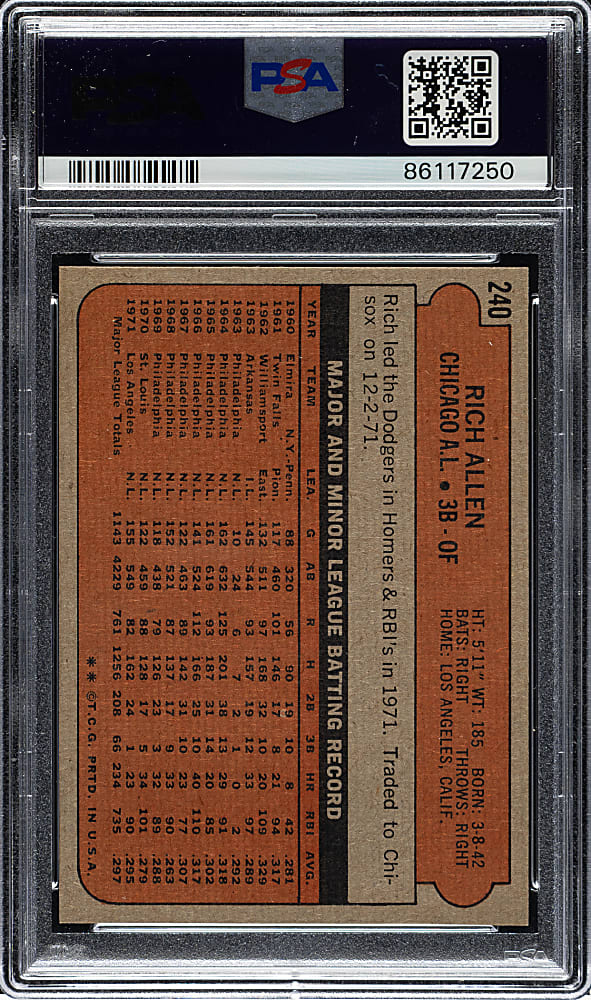 1972 Topps #240 Rich Allen PSA GEM MINT 10 - 1 of 7!