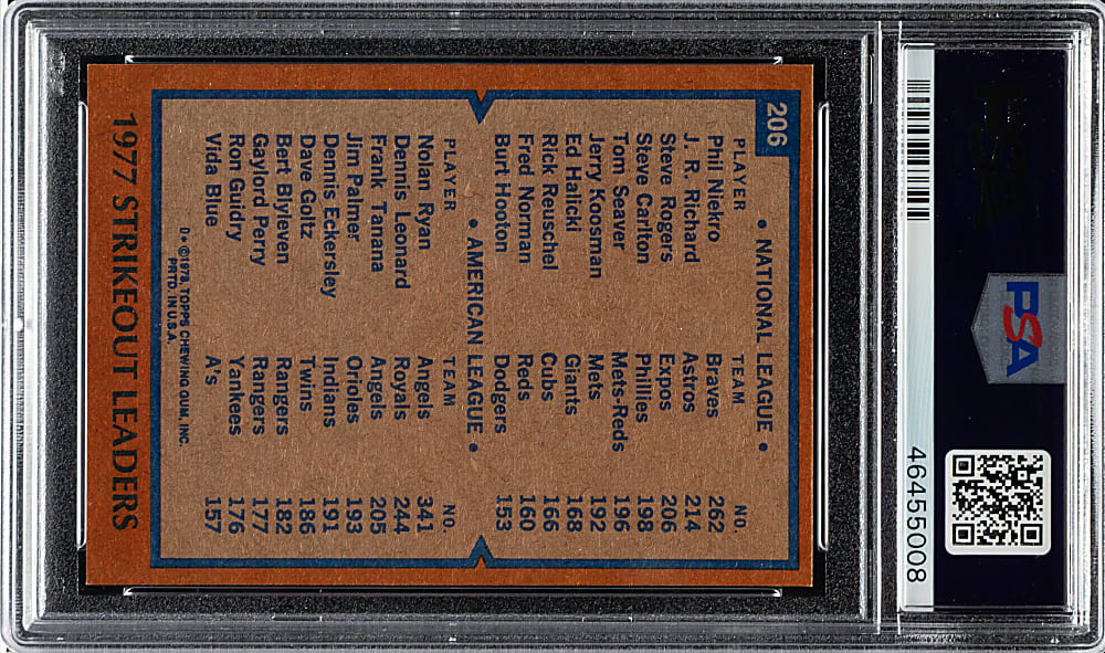 1978 Topps #206 Strikeout Leaders with Nolan Ryan and Phil Niekro PSA GEM MINT 10