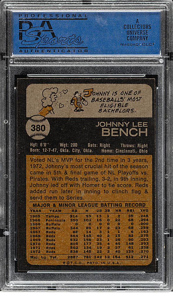 1973 Topps #380 Johnny Bench PSA MINT 9