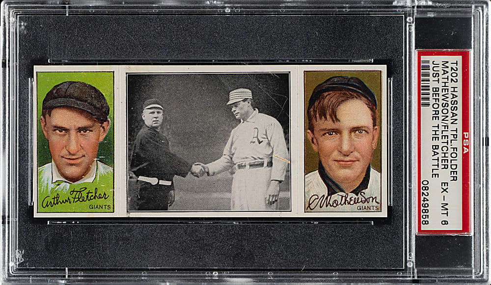 1912 T202 Hassan Triple Folder "Just Before The Battle" Christy Mathewson/Fletcher PSA EX-MT 6