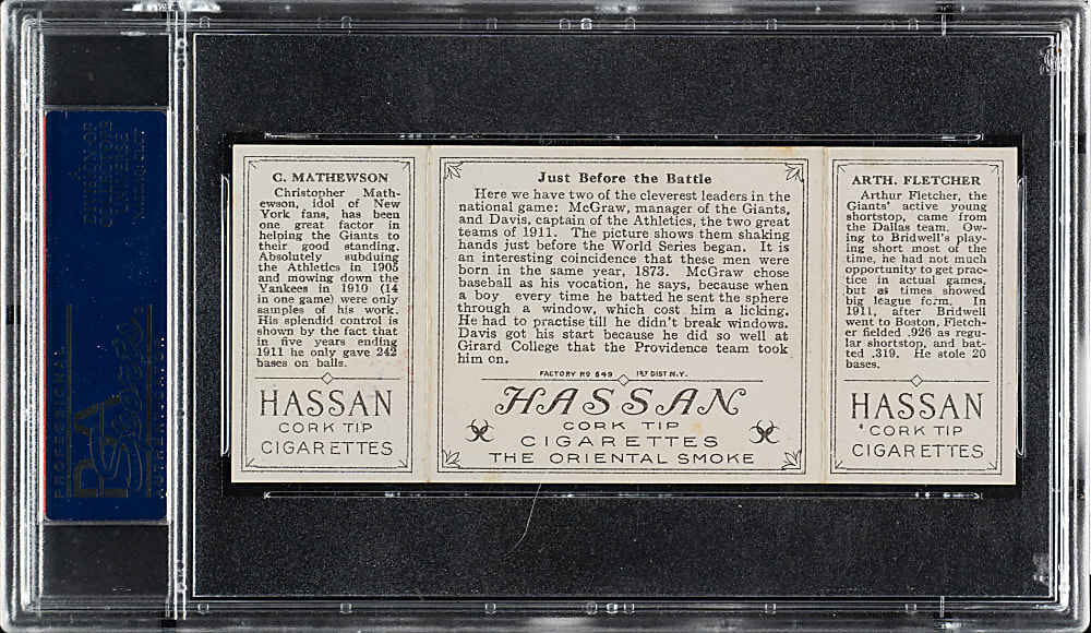 1912 T202 Hassan Triple Folder "Just Before The Battle" Christy Mathewson/Fletcher PSA EX-MT 6