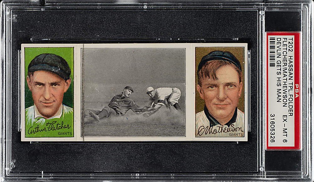 1912 T202 Hassan Triple Folder "Devlin Gets His Man" Christy Mathewson/Fletcher PSA EX-MT 6