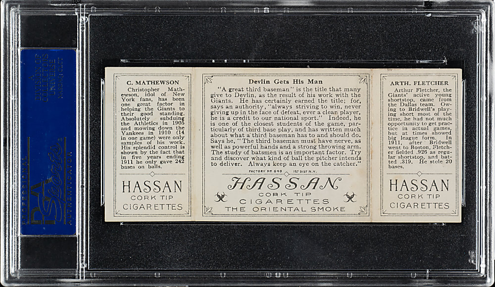 1912 T202 Hassan Triple Folder "Devlin Gets His Man" Christy Mathewson/Fletcher PSA EX-MT 6